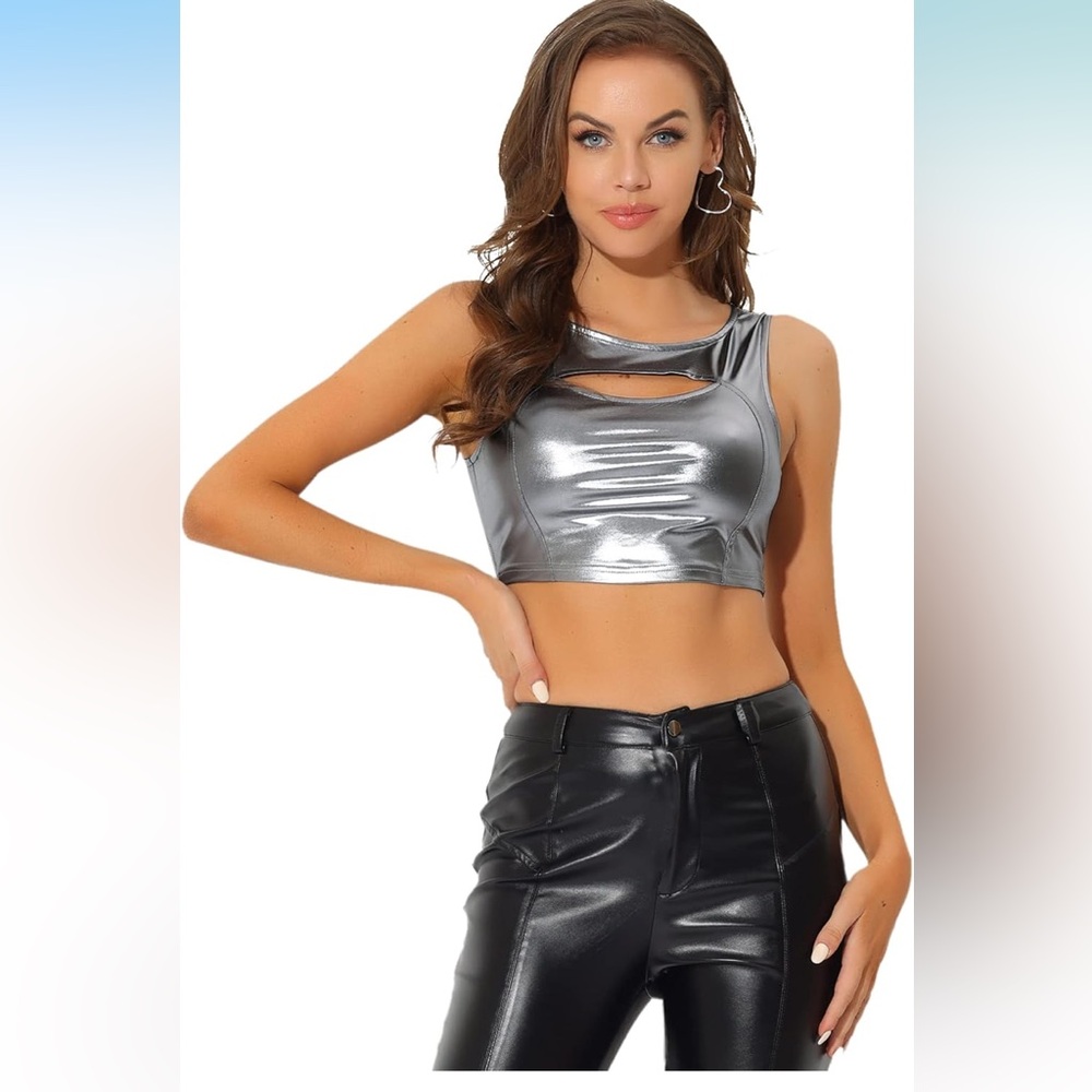 Silver Sleeveless Cut Out Crop Tank Top Allegra K metallic holographic tank top